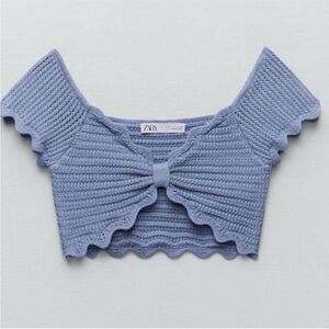 Zara Slate Blue Textured Knit Bow Crop Top in Size Small